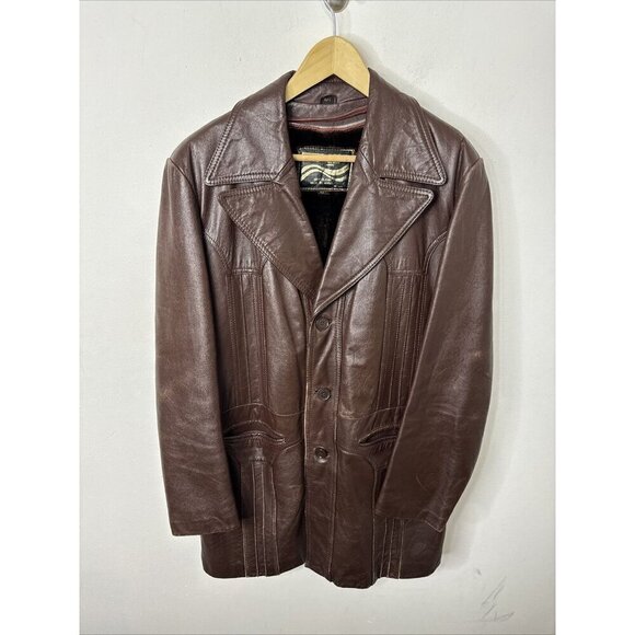Vintage 70s Montgomery Ward Hippie Men 42T Brown Leather Coat Lined